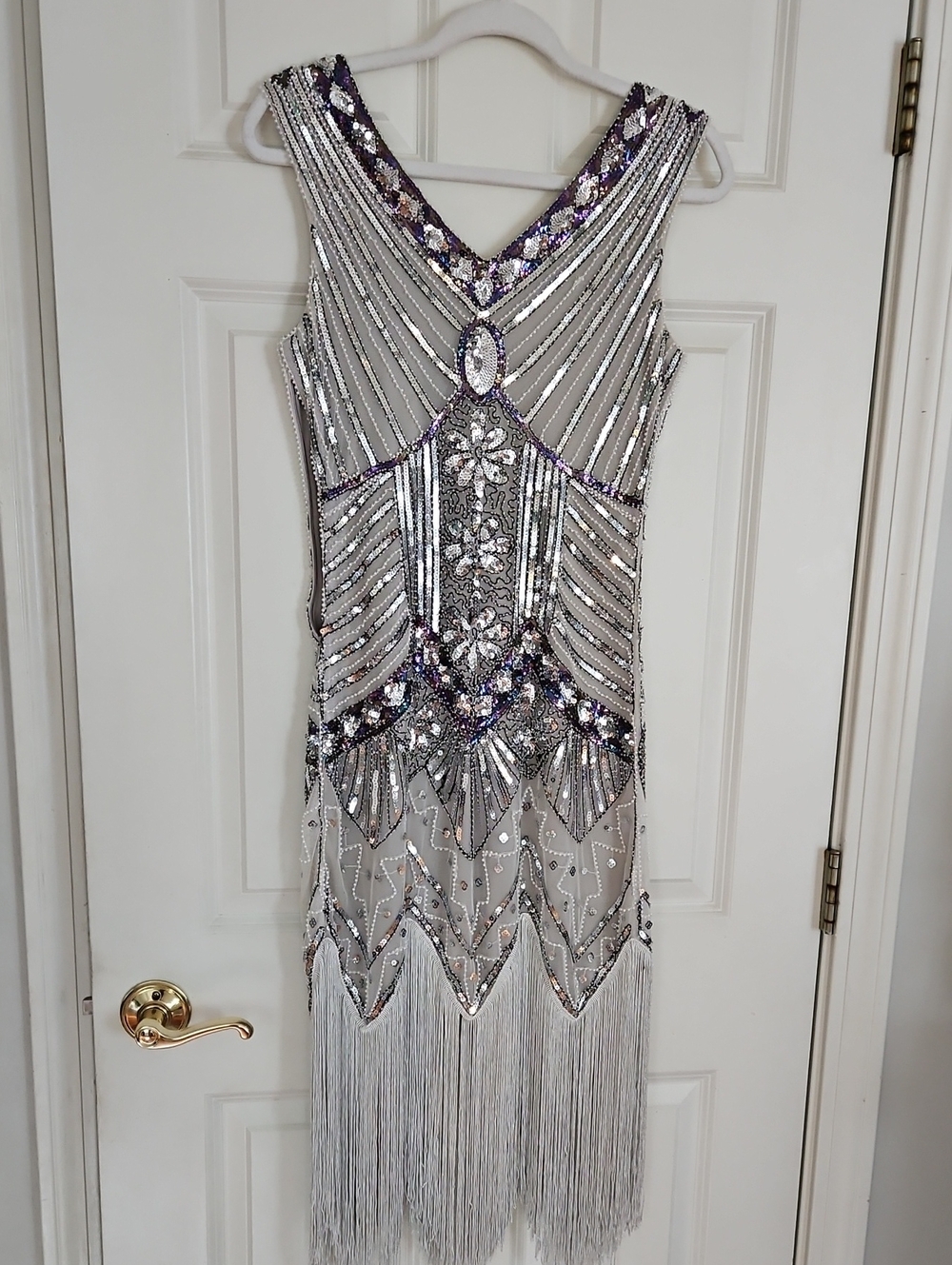 Silver Sequin Fringe Midi Dress Roaring 20's Style